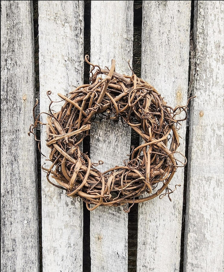 What if your craft store is in your backyard? Pictured is a wreath made with wild grapevines collected from my landscape.